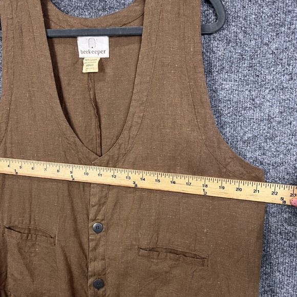 Beekeeper Brown 100% Linen Vest Womens Medium Button Down Sleeveless Cottagecore - Picture 5 of 8